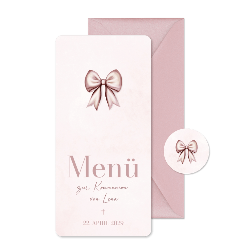 Menükarte Kommunion in rosa mit Schleife  - Karteneindruck
