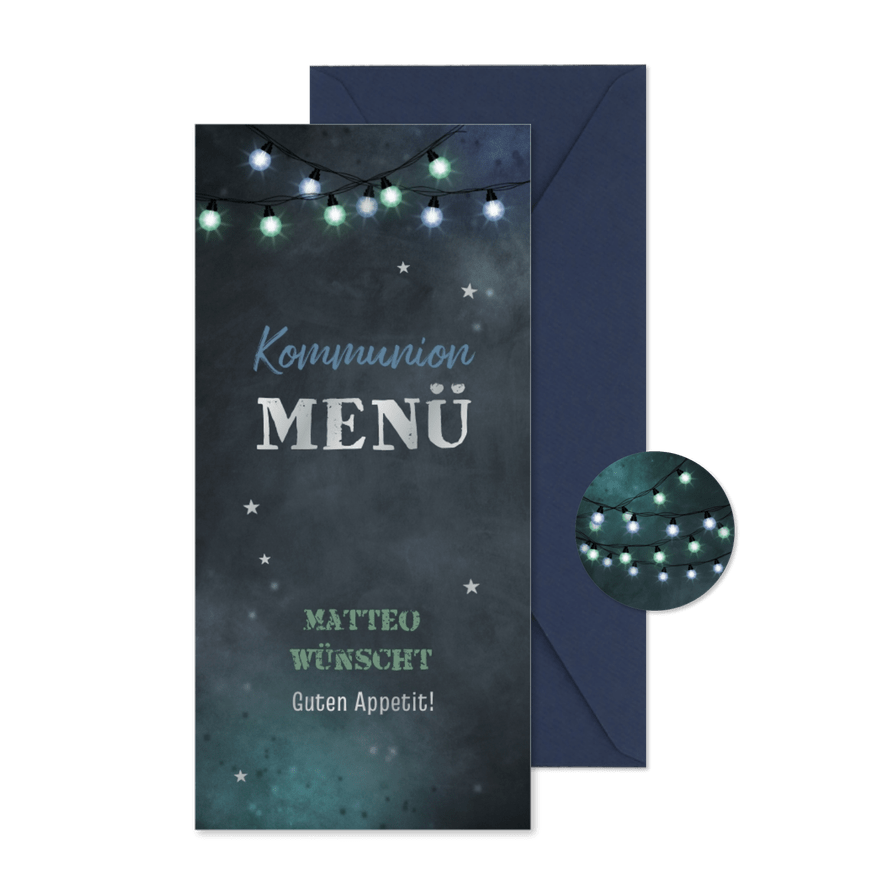 Menükarte Kommunion Lichterkette & Wegweiser Silberdruck - Kartenvorschau