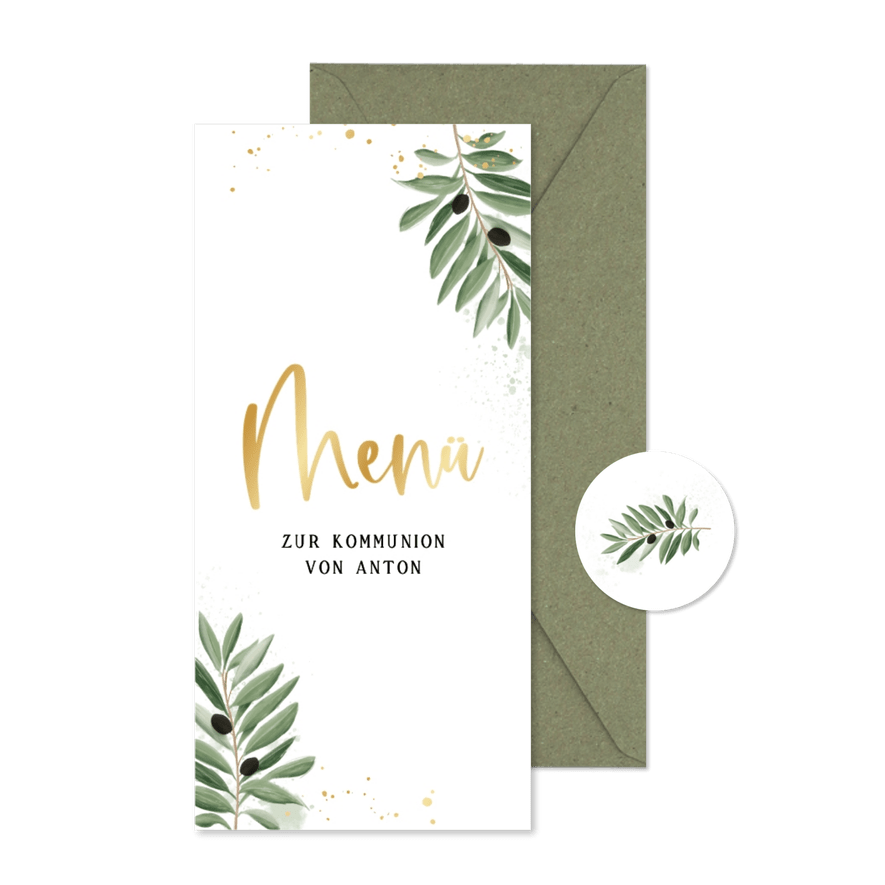 Menükarte Kommunion Olivenzweige Aquarelloptik - Karteneindruck