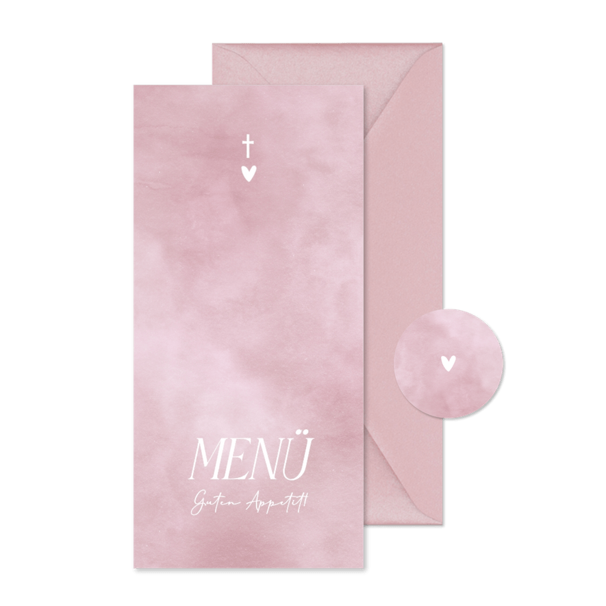 Menükarte Kommunion rosa Aquarell Herzchen - Karteneindruck