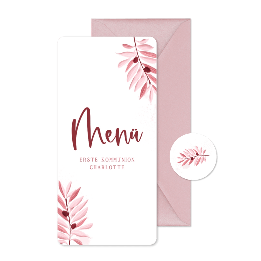 Menükarte Kommunion rosa Olivenzweige - Karteneindruck
