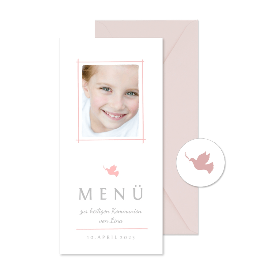 Menükarte Kommunion rosé schlichte Eleganz mit Foto - Karteneindruck