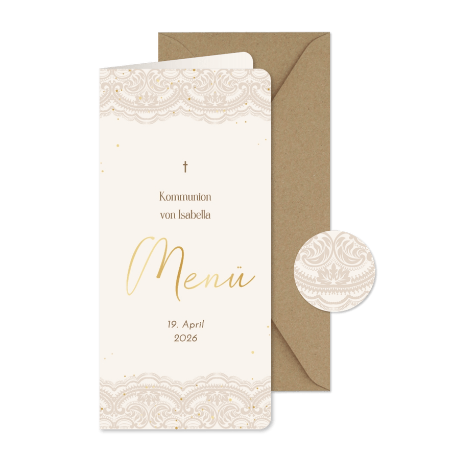 Menükarte Kommunion Spitzenrand Beige - Karteneindruck
