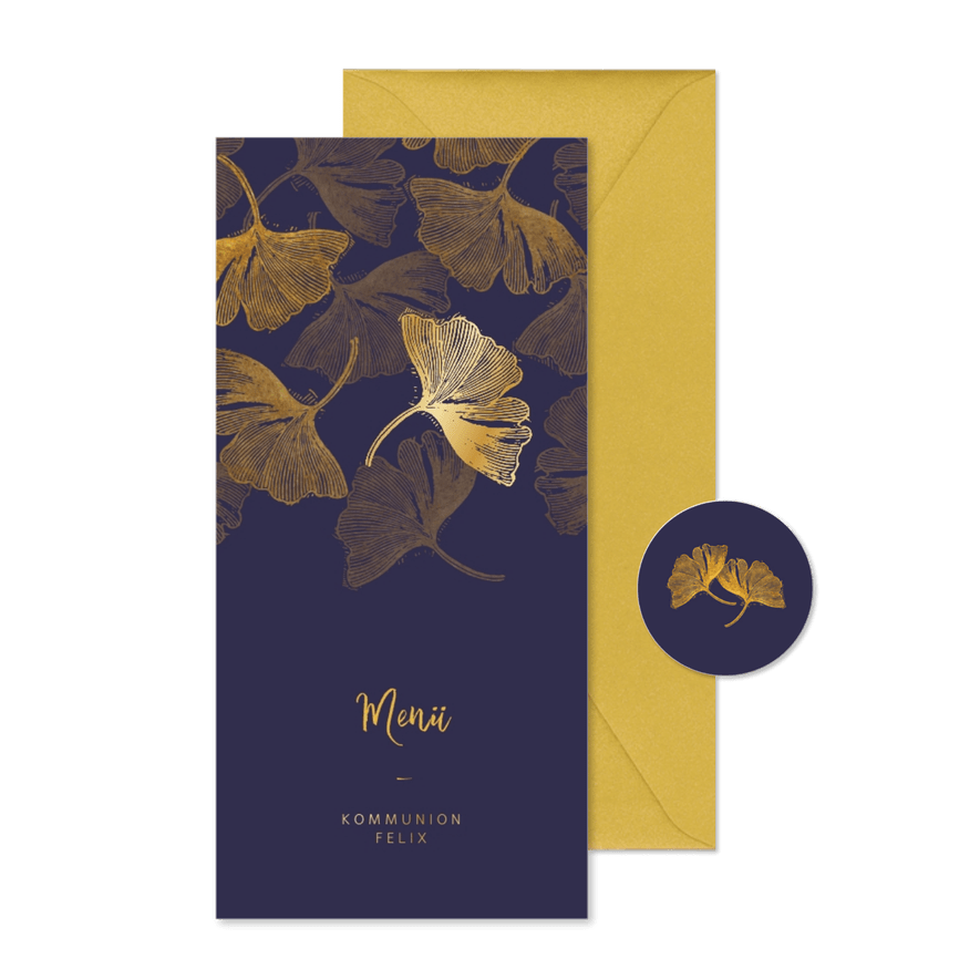 Menükarte Kommunion Stempel blau Ginkgoblätter - Karteneindruck