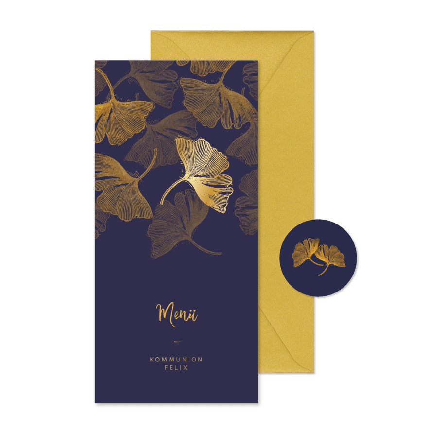 Menükarte Kommunion Stempel blau Ginkgoblätter - Karteneindruck
