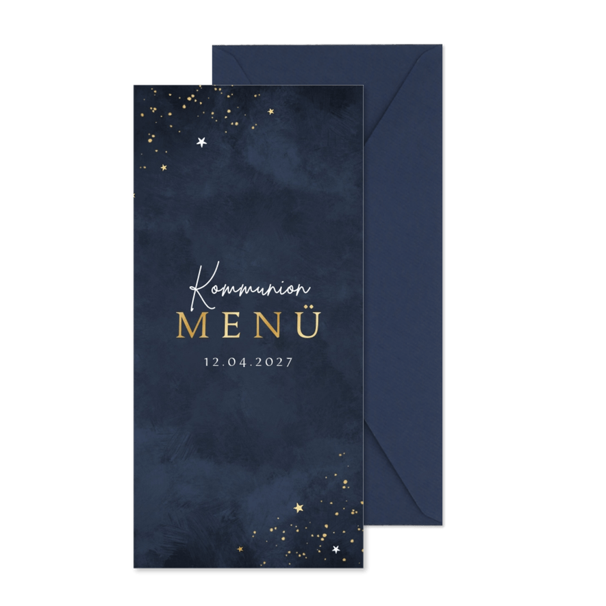 Menükarte Kommunion Sternchen auf Dunkelblau - Karteneindruck

