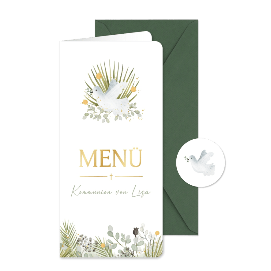 Menükarte Kommunion Tauben und Zweige - Karteneindruck