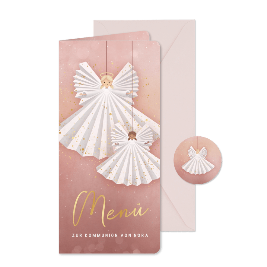 Menükarte Kommunionsfeier Engel & Goldakzente - Karteneindruck
