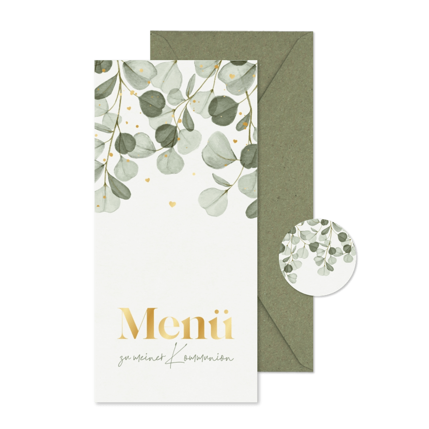 Menükarte Kommunionsfeier Eukalyptus & Golddruck - Karteneindruck