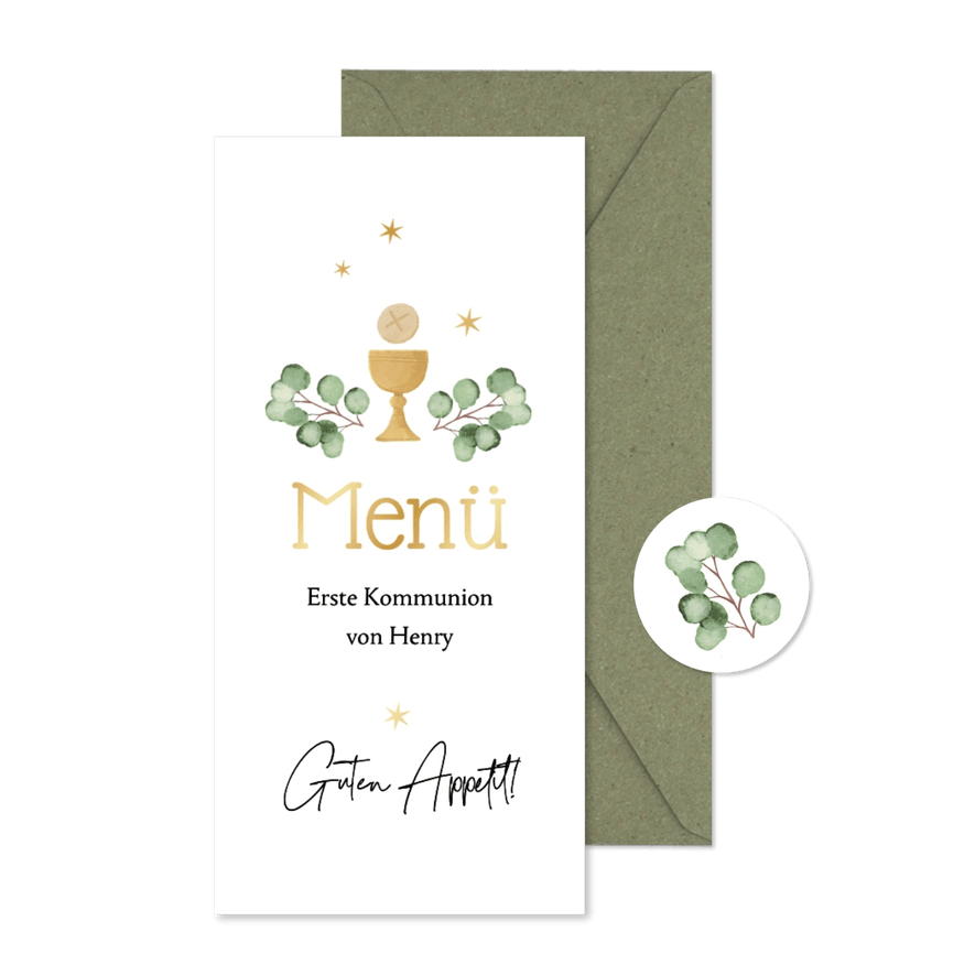 Menükarte Kommunionsfeier Kelch & Eukalyptus - Karteneindruck
