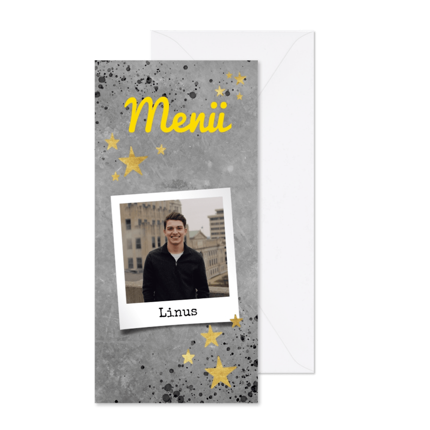 Menükarte Konfirmation Betonlook, Foto und Sterne - Karteneindruck
