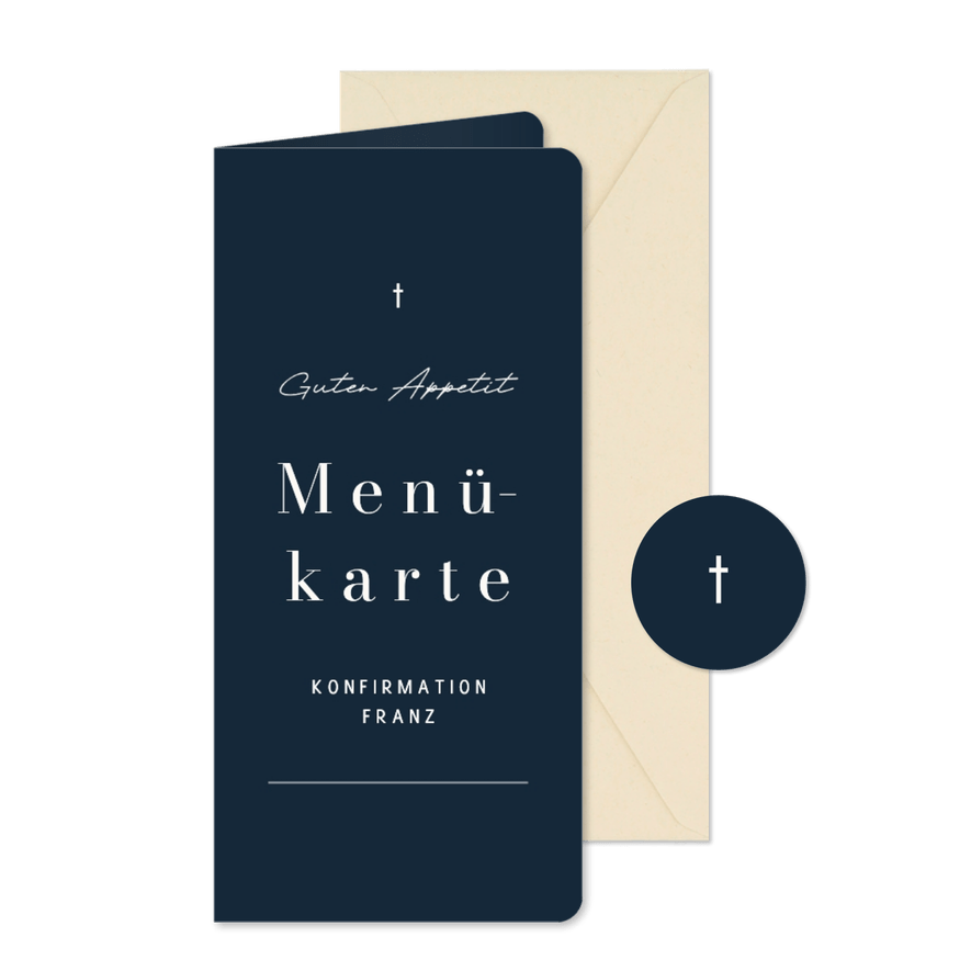 Menükarte Konfirmation Dunkelblau mit Weiß Kreuz - Karteneindruck
