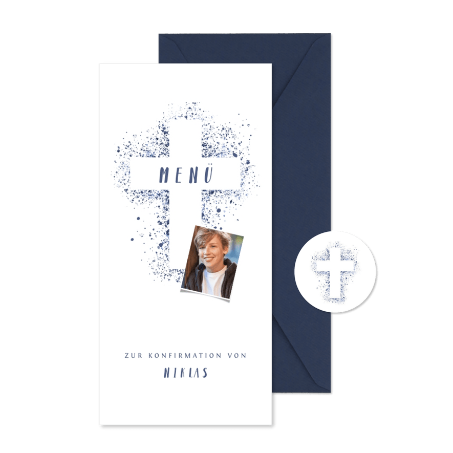 Menükarte Konfirmation eigenes Foto Kreuz Farbspritzer blau - Karteneindruck
