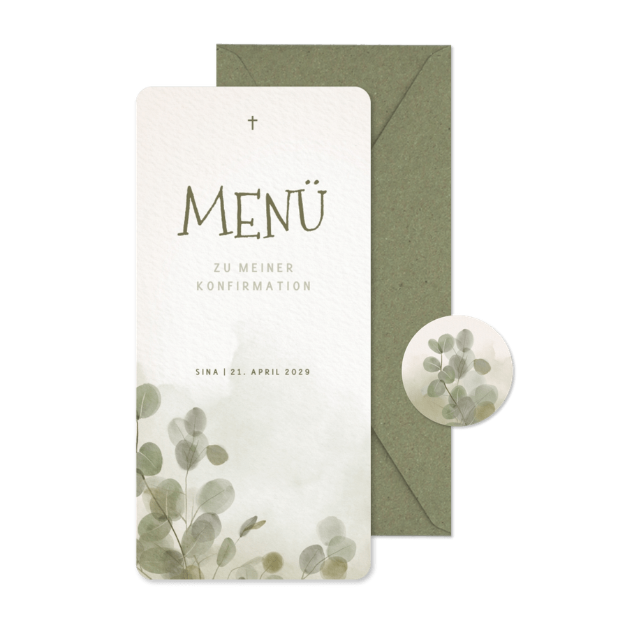 Menükarte Konfirmation Eukalyptus Aquarell - Karteneindruck
