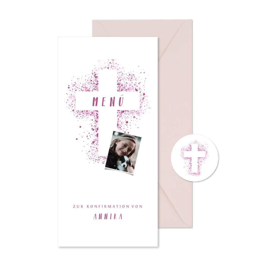 Menükarte Konfirmation Foto und Kreuz Farbspritzer pink - Karteneindruck