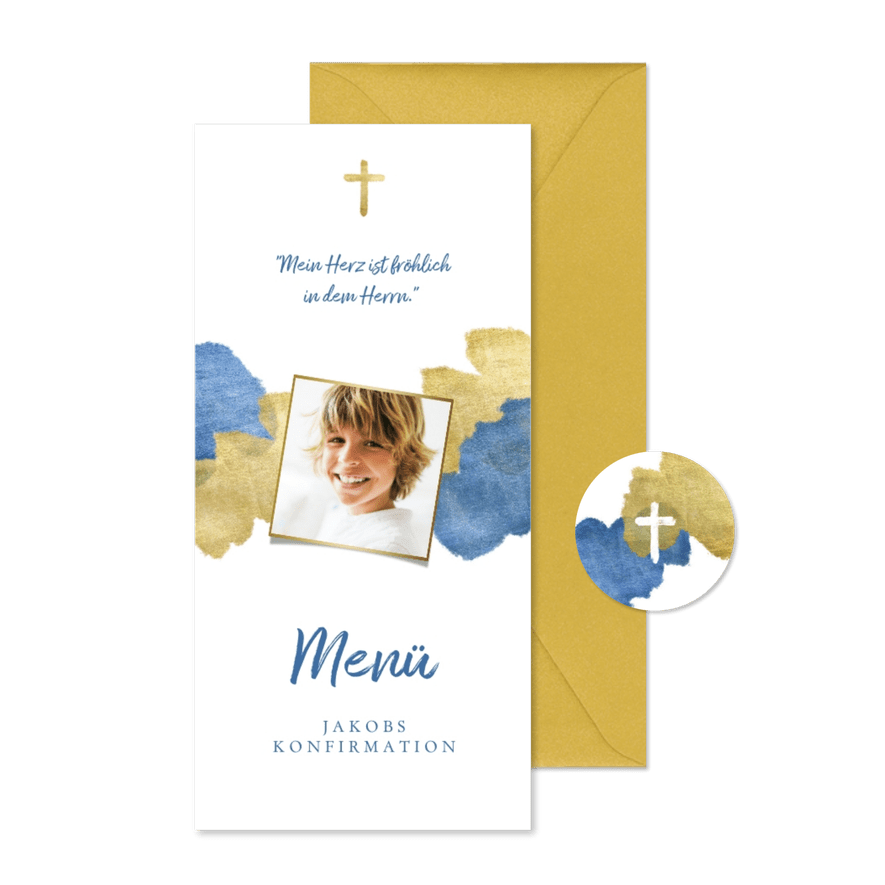 Menükarte Konfirmation Foto Wasserfarbe blau metallic - Karteneindruck

