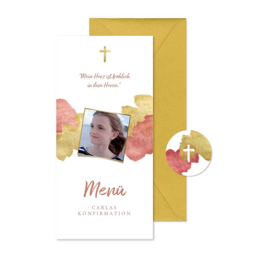 Menükarte Konfirmation Foto Wasserfarbe rosa metallic - Karteneindruck
