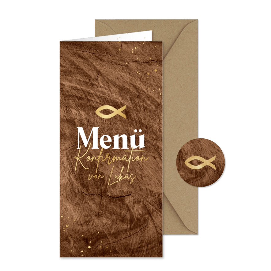 Menükarte Konfirmation goldener Fisch Holzoptik  - Karteneindruck
