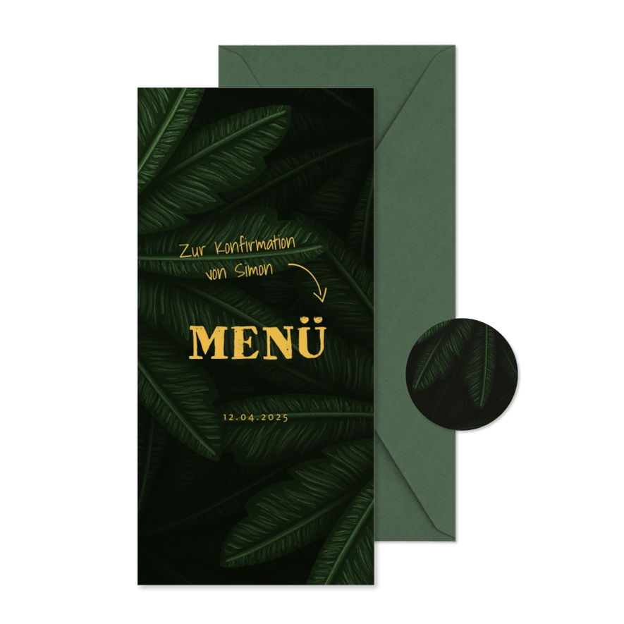 Menükarte Konfirmation große Palmenblätter - Karteneindruck