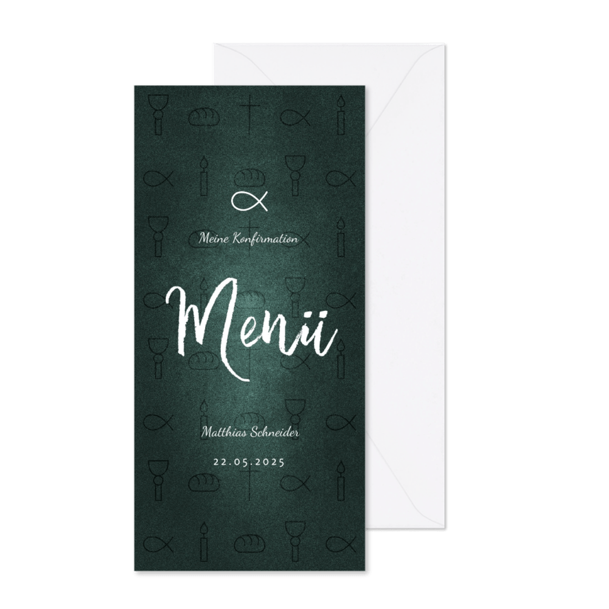 Menükarte Konfirmation kleine Symbole dunkelgrün - Karteneindruck