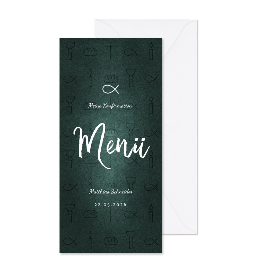 Menükarte Konfirmation kleine Symbole dunkelgrün - Karteneindruck
