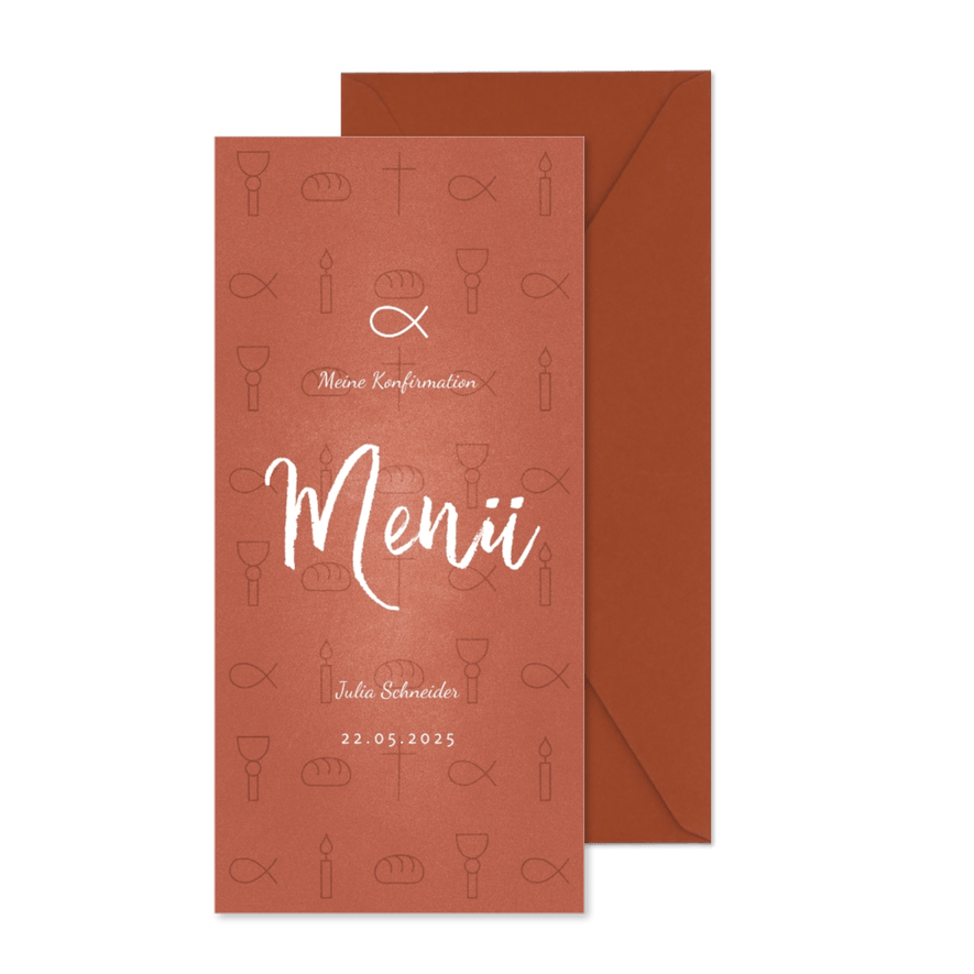 Menükarte Konfirmation kleine Symbole rostrot - Karteneindruck