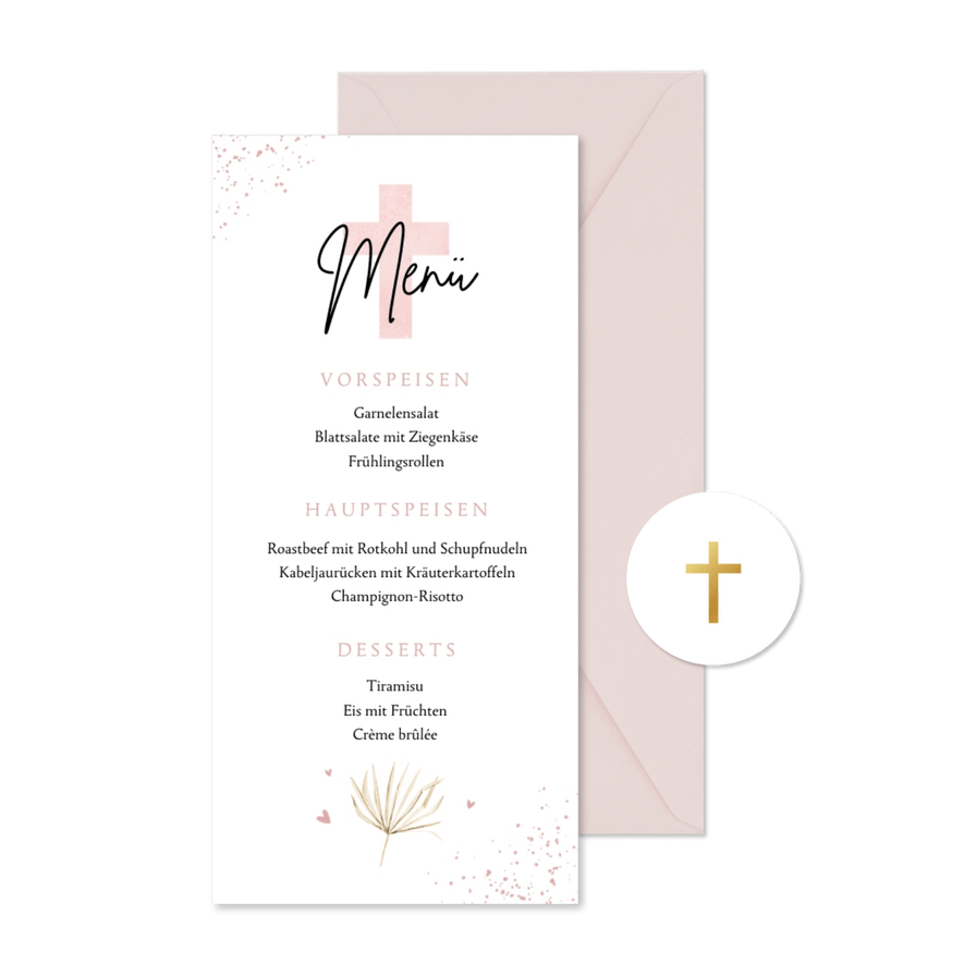 Menükarte Konfirmation rosa Kreuz - Karteneindruck
