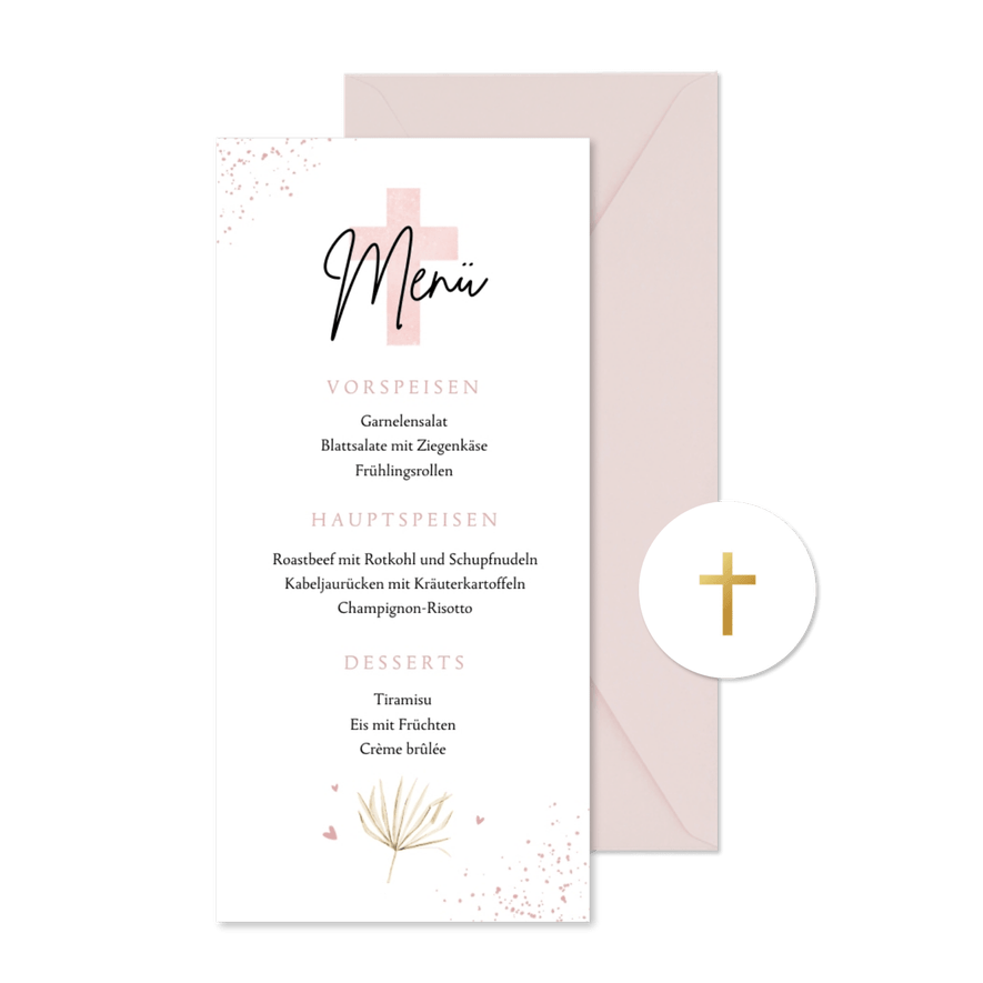 Menükarte Konfirmation rosa Kreuz - Kartenvorschau