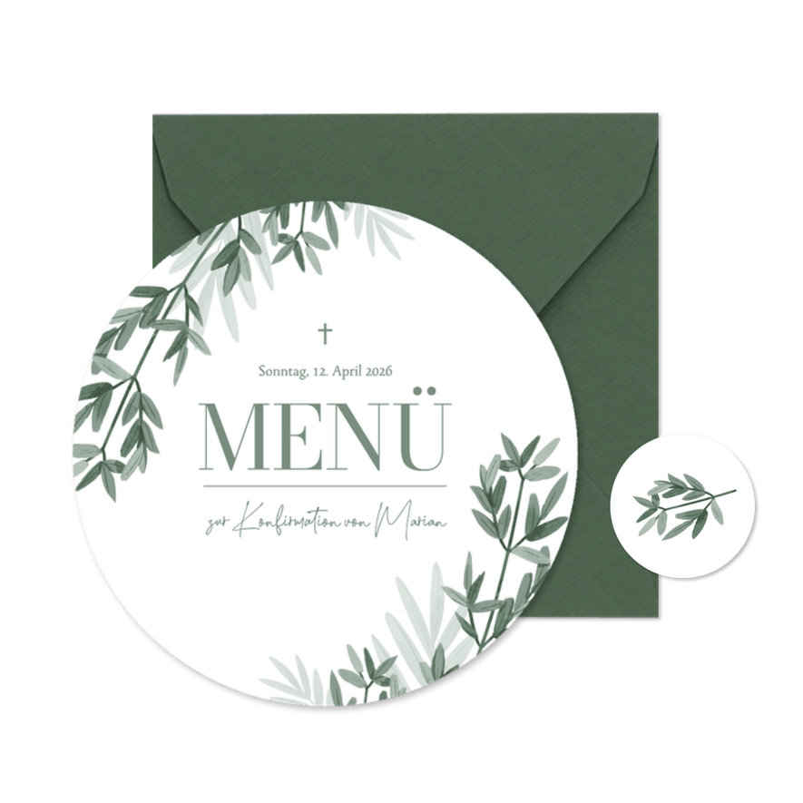 Menükarte Konfirmation stilisierte dunkelgrüne Zweige - Karteneindruck