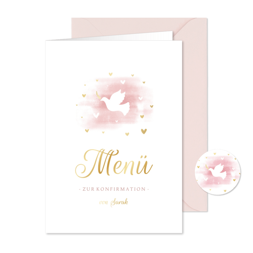 Menükarte Konfirmation Wasserfarbe, Taube und Herzen - Karteneindruck
