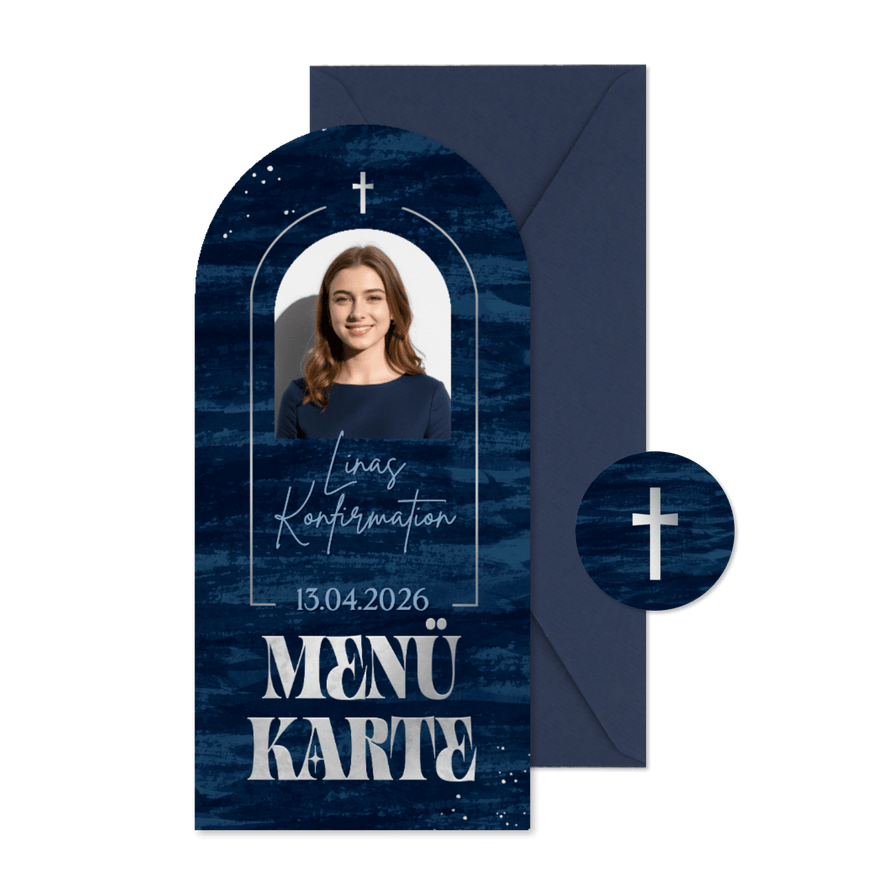 Menükarte Konfirmationsfeier Foto dunkelblaue Pinselstriche - Karteneindruck