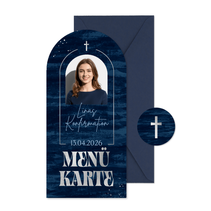 Menükarte Konfirmationsfeier Foto dunkelblaue Pinselstriche - Kartenvorschau
