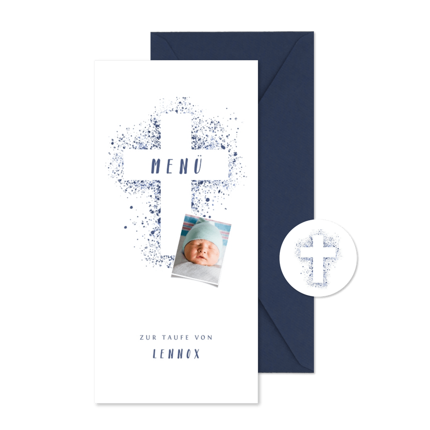 Menükarte Kreuz blau Spritztechnik mit Foto - Karteneindruck