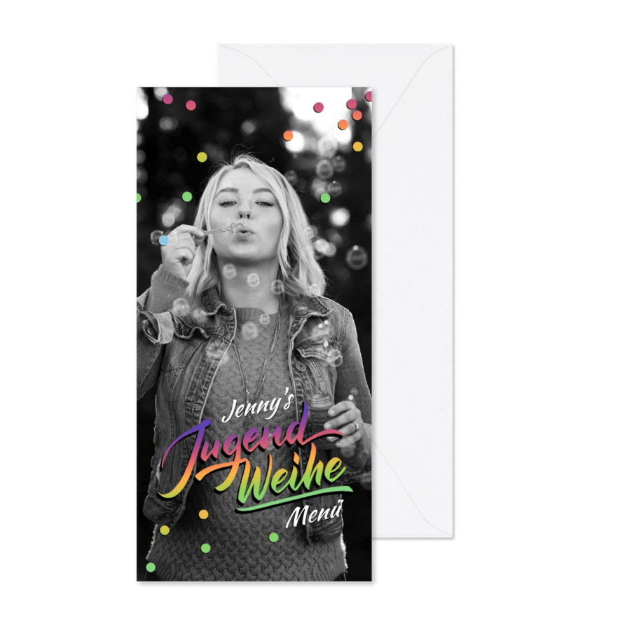 Menükarte Regenbogen und Konfetti - Karteneindruck
