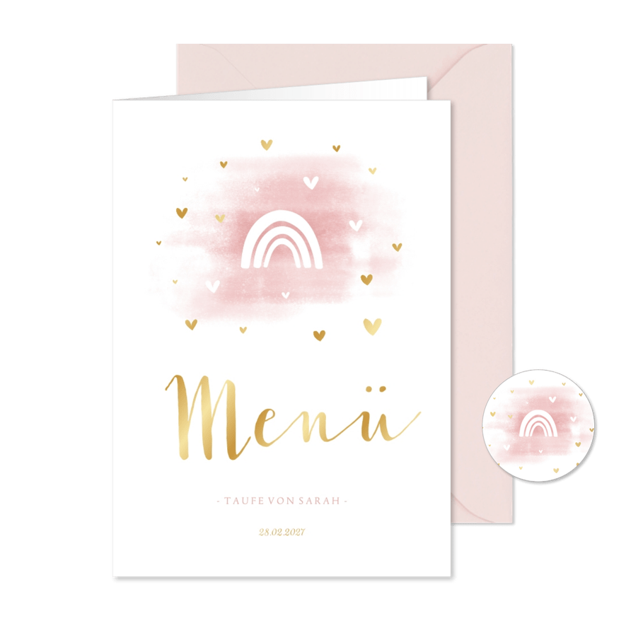Menükarte rosa Aquarell Regenbogen & Herzen - Karteneindruck