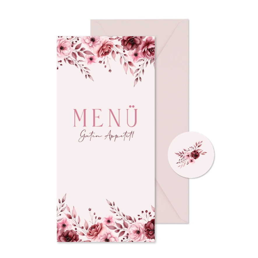 Menükarte Rosengesteck rosa Hochzeit - Karteneindruck
