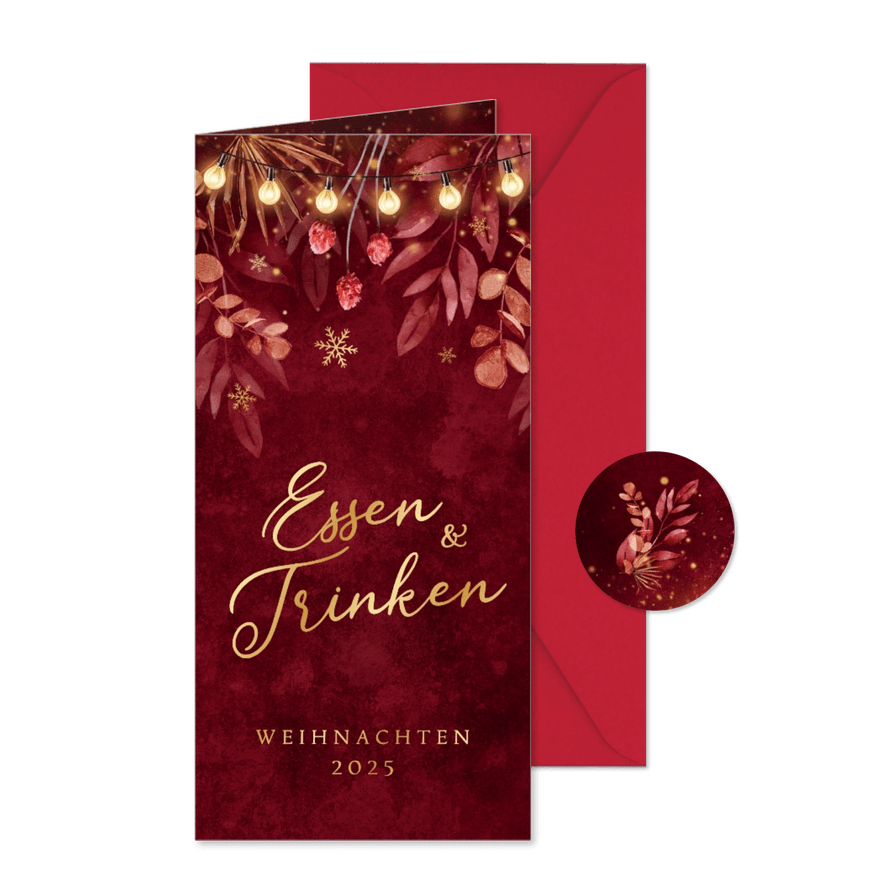 Menükarte rot Aquarell zu Weihnachten Lichterkette botanisch - Karteneindruck
