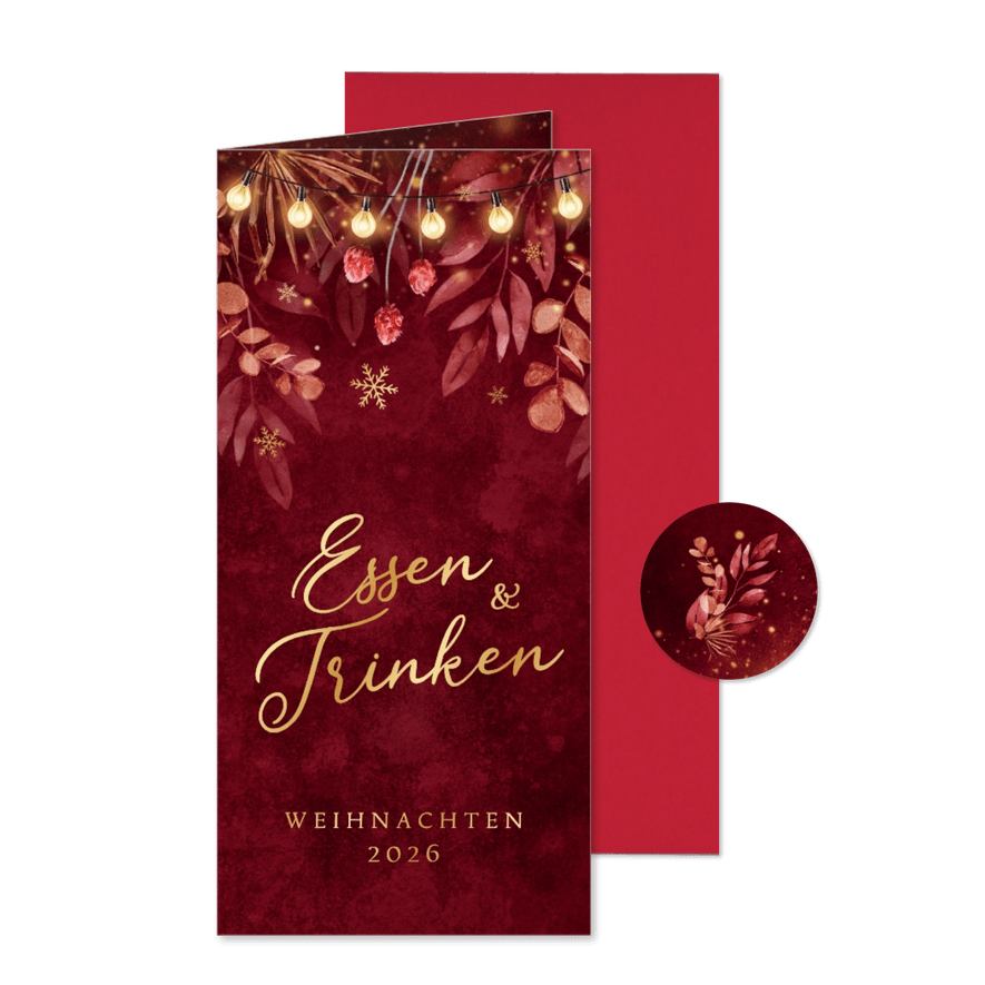 Menükarte rot Aquarell zu Weihnachten Lichterkette botanisch - Karteneindruck
