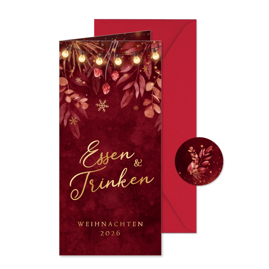 Menükarte rot Aquarell zu Weihnachten Lichterkette botanisch - Kartenvorschau