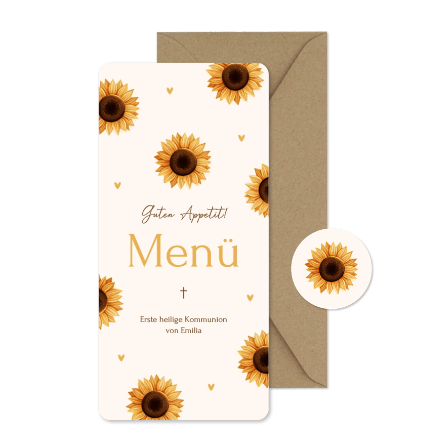 Menükarte Sonnenblumen Kommunion Beige - Karteneindruck
