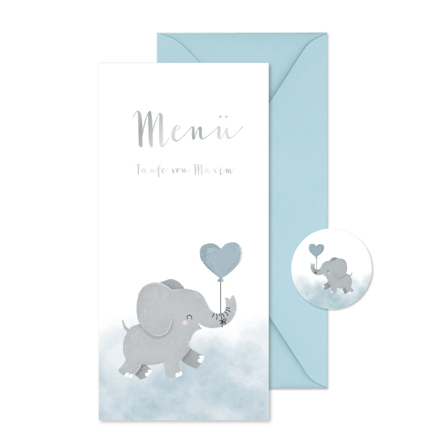 Menükarte Taufe blau Aquarell Elefant mit Luftballon - Karteneindruck
