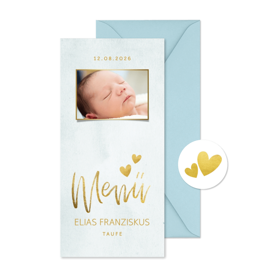 Menükarte Taufe blau Foto & Goldherzen - Karteneindruck
