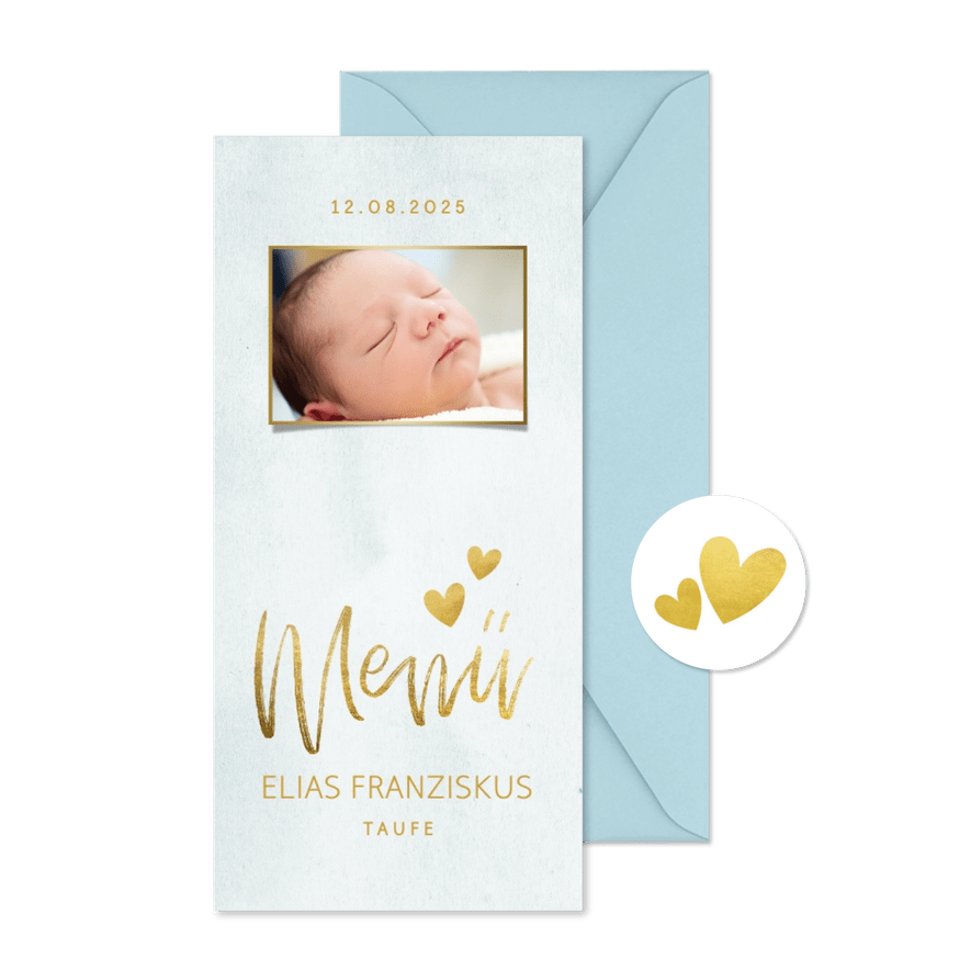 Menükarte Taufe blau Foto & Goldherzen - Karteneindruck