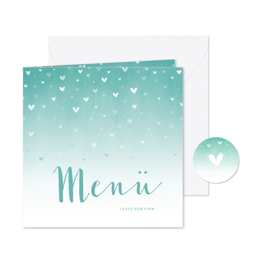 Menükarte Taufe blau zuckersüße Herzen & Foto innen - Karteneindruck
