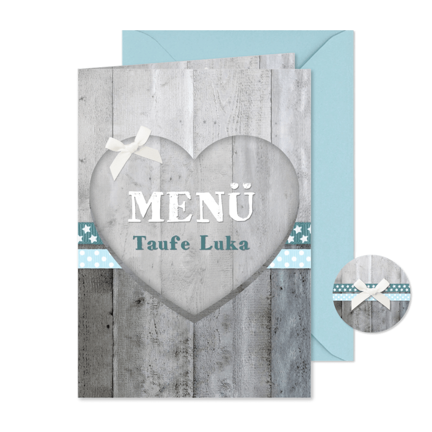 Menükarte Taufe blaue Bänder Holzherz & Foto innen - Karteneindruck
