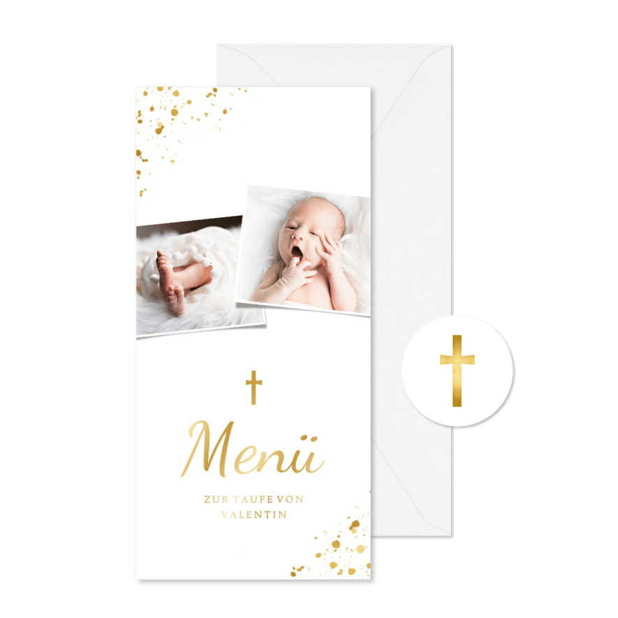 Menükarte Taufe eigene Fotos goldenes Kreuz - Karteneindruck