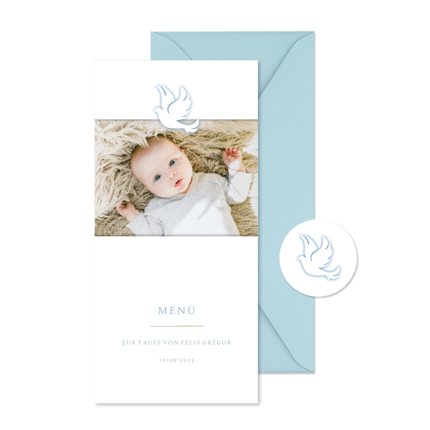 Menükarte Taufe eigenes Foto blaue Taube - Karteneindruck
