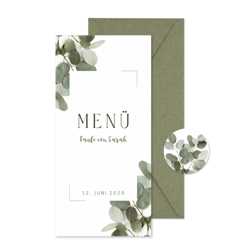 Menükarte Taufe Eukalyptus mit Rahmen - Karteneindruck
