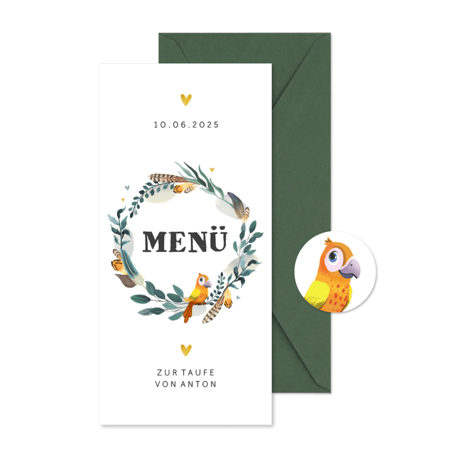Menükarte Taufe Feder-Blumenkranz und Vogel - Karteneindruck

