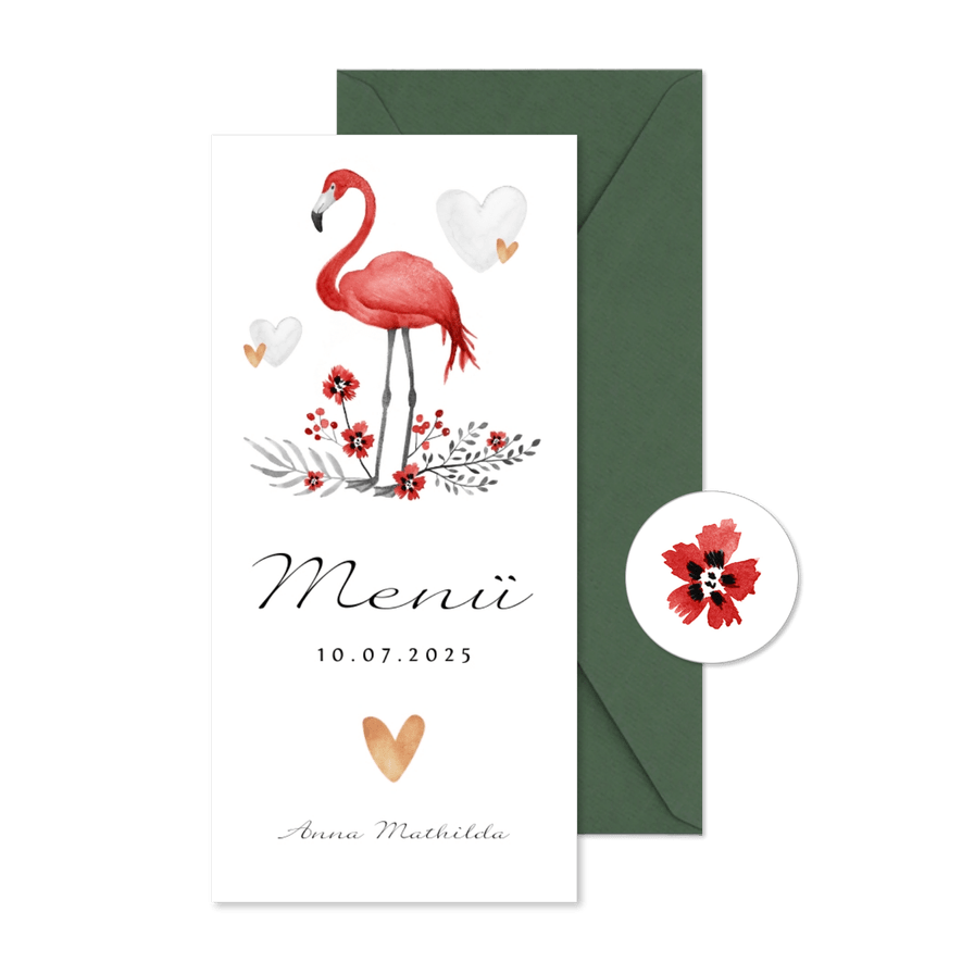 Menükarte Taufe Flamingo, Blumen und Herzen - Karteneindruck